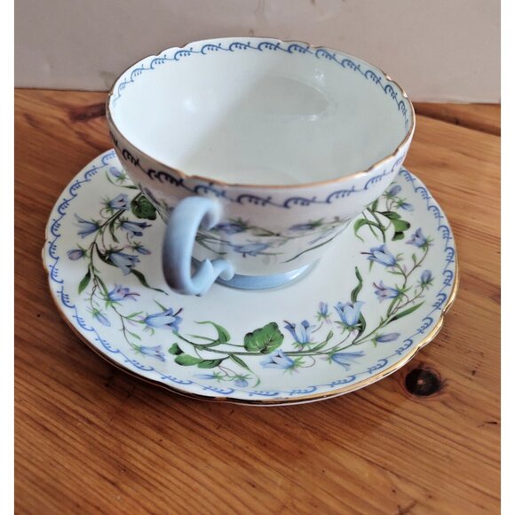 Shelley Harebell Pattern Oleander Blue & Green Henley Shaped Tea Cup and Saucer - Picture 6 of 12